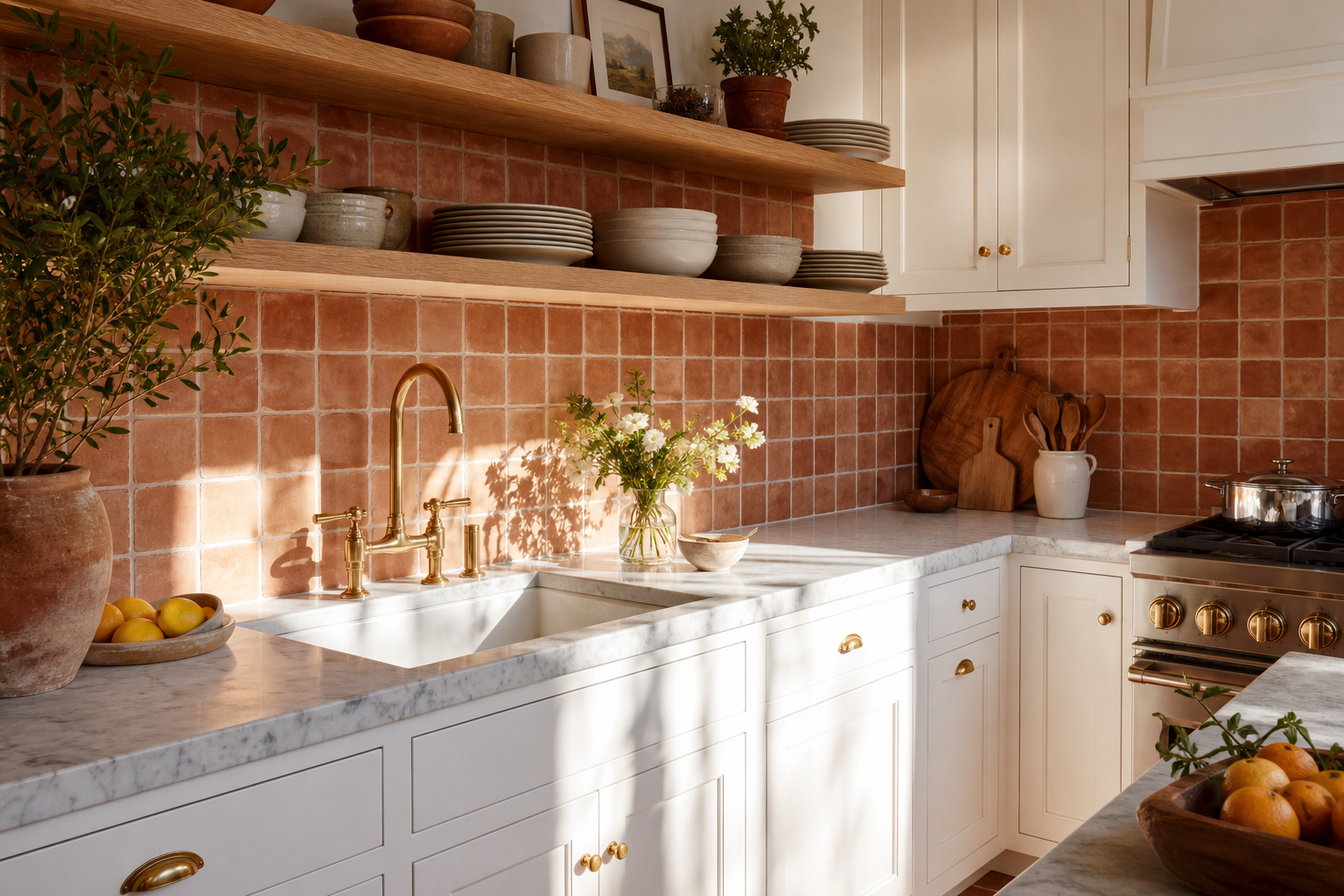 Cucina bianca con terracotta