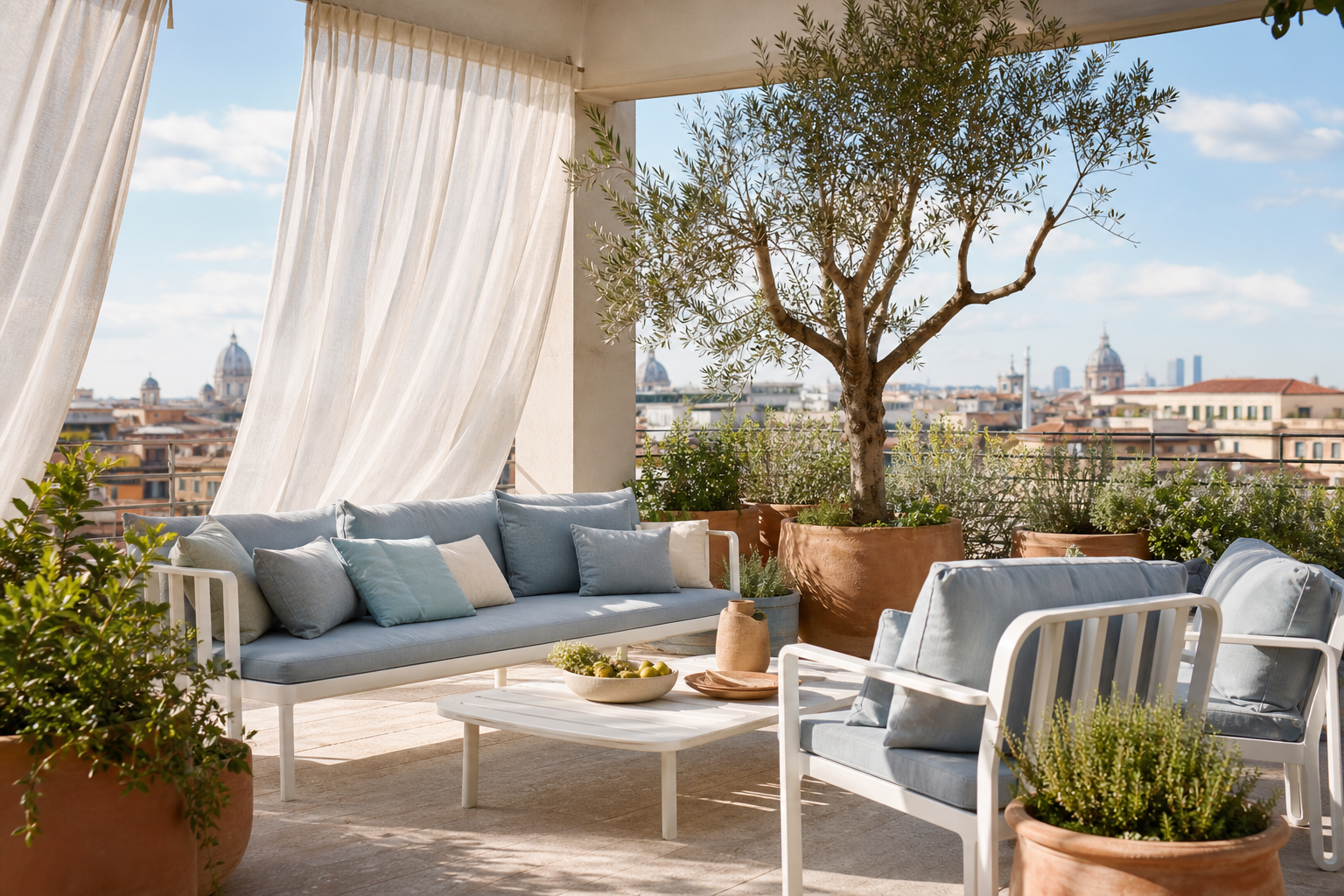 Terrazza milanese con piante e vista città